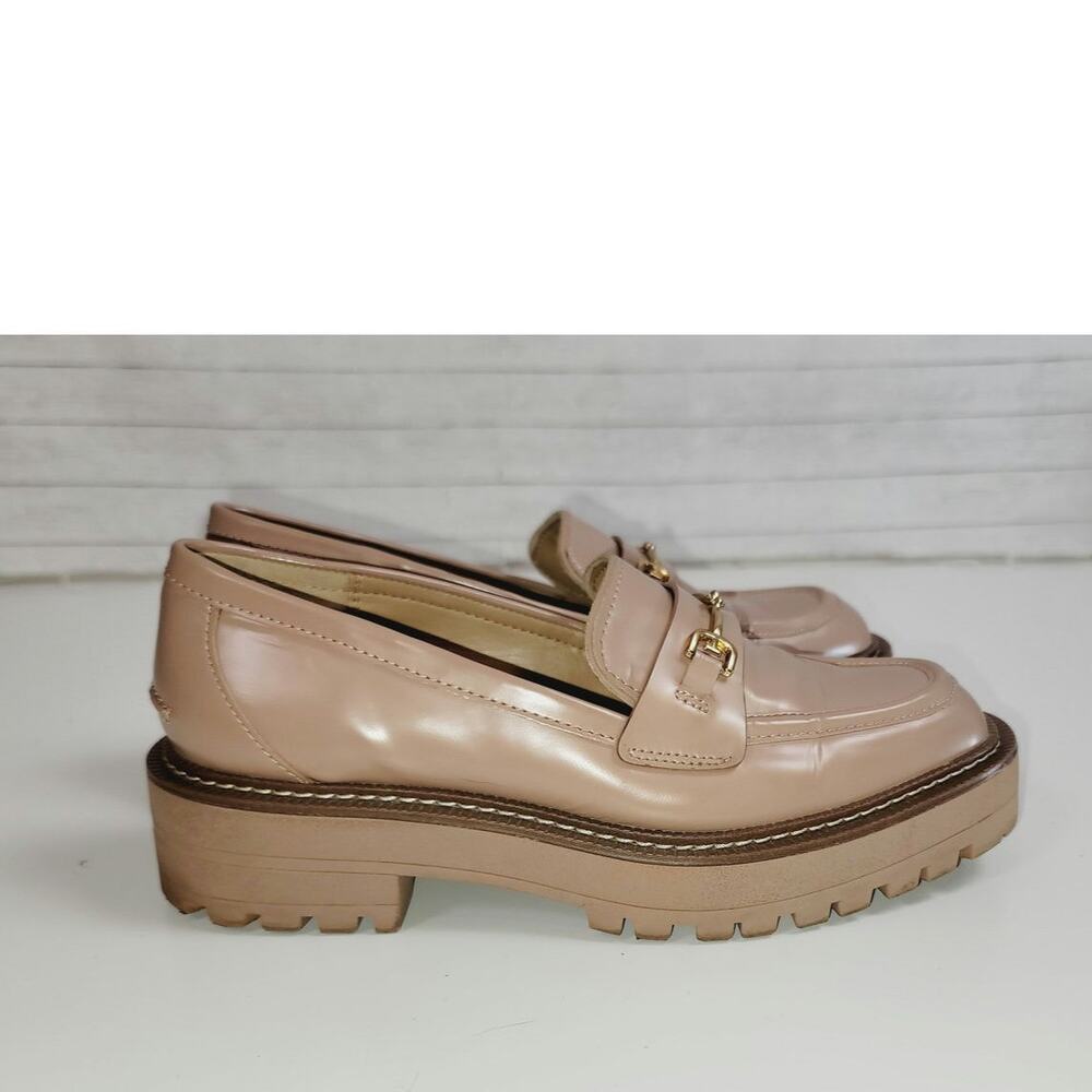 SAM EDELMAN LAURS CHUNKY HEELED LOAFER IN MAPLE SUGAR BOX LEATHER, SZ 7